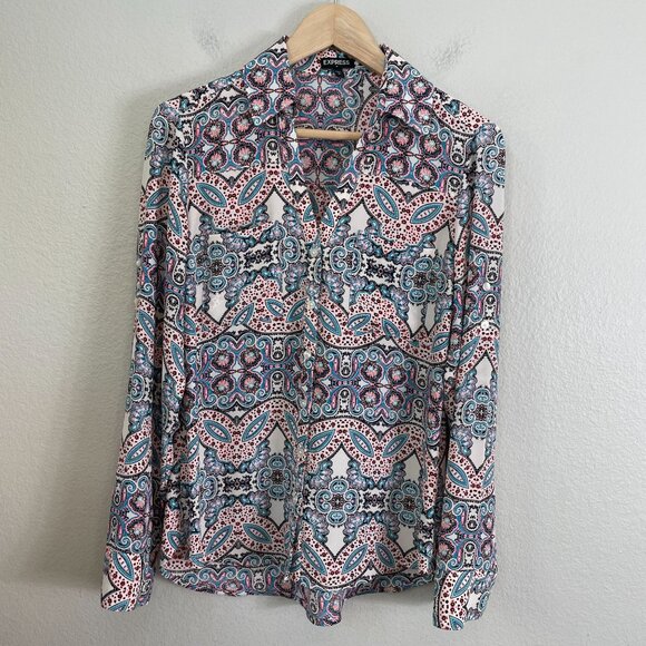 Express Womens Small Button Up Blouse Paisley Roll Tab Sleeve Shirt Top - Picture 1 of 8